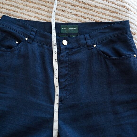 RALPH LAUREN PANTS SZ 10 NAVY BLUE JEANS 100% LINEN CROPPED WIDE LEG - Picture 6 of 8